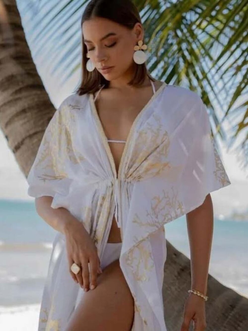 White Waves Ivory & Gold Beach Coverup Coral Motif Front Tie OS